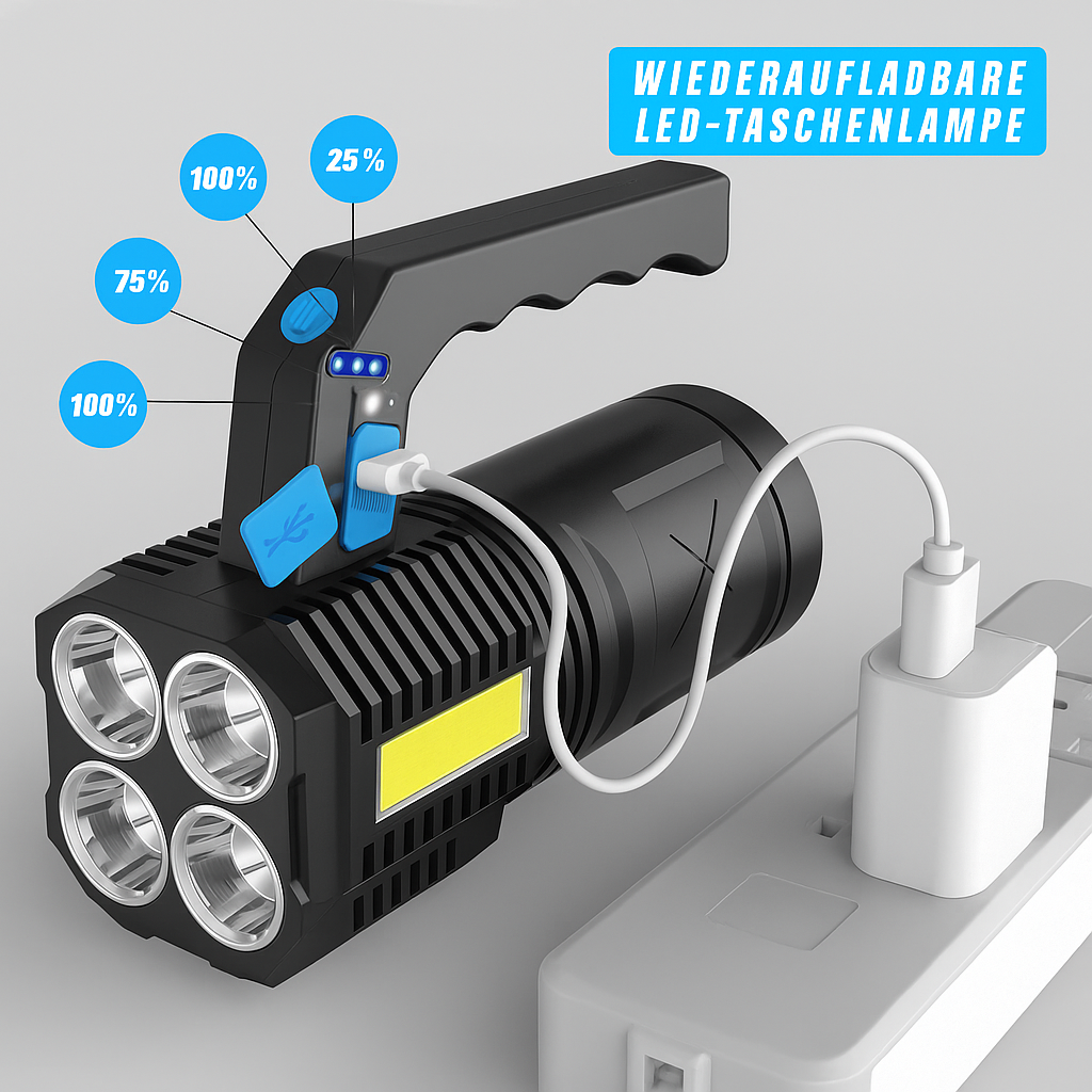 Wiederaufladbare LED-Taschenlampe mit USB-Anschluss – 4 Modi, wasserdicht, COB-Lampe, ideal für Arbeit und Camping