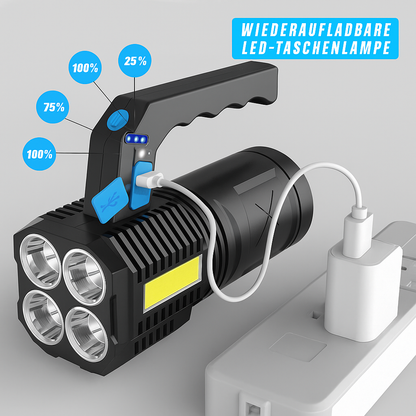 Wiederaufladbare LED-Taschenlampe mit USB-Anschluss – 4 Modi, wasserdicht, COB-Lampe, ideal für Arbeit und Camping