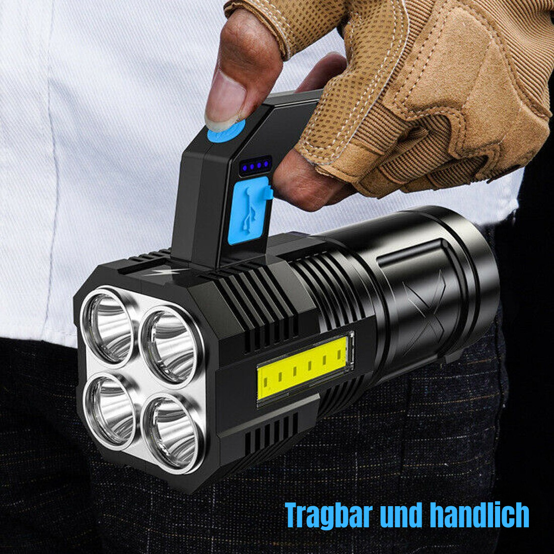 Wiederaufladbare LED-Taschenlampe mit USB-Anschluss – 4 Modi, wasserdicht, COB-Lampe, ideal für Arbeit und Camping